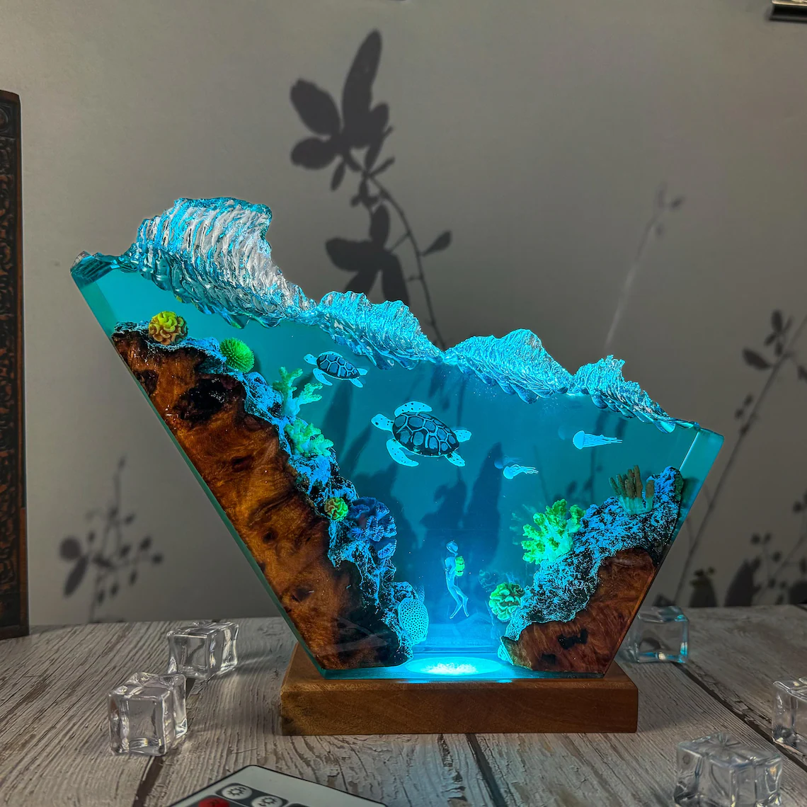 Epoxy Lamp — Sea Turtles, Jellyfish & Diver under a Breaking Wave Crest with Natural Wood - view 3