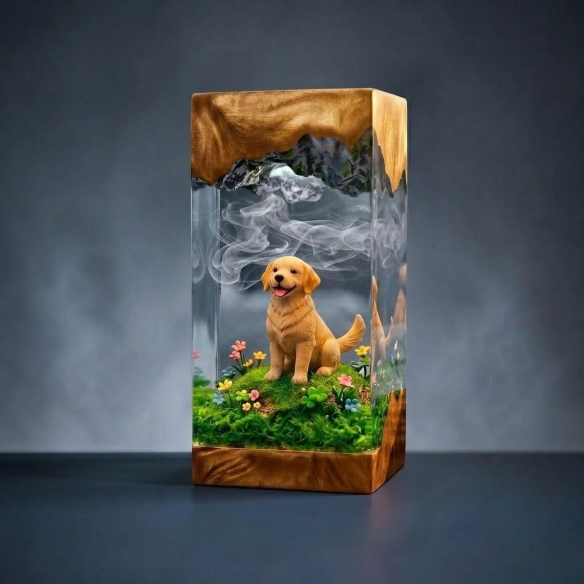 Resin Lamp — Golden Puppy in a Flower Meadow with Smoke Swirls, Resin Art Lamp with Wood Base - view 2