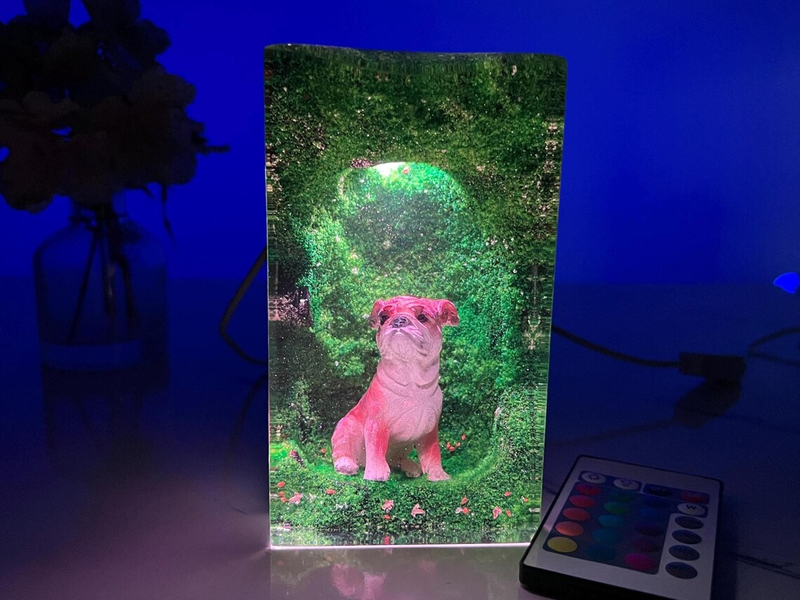 Epoxy Resin Lamp — Pug in a Glowing Green Moss Arch, Color-Changing Resin Art Lamp - view 1