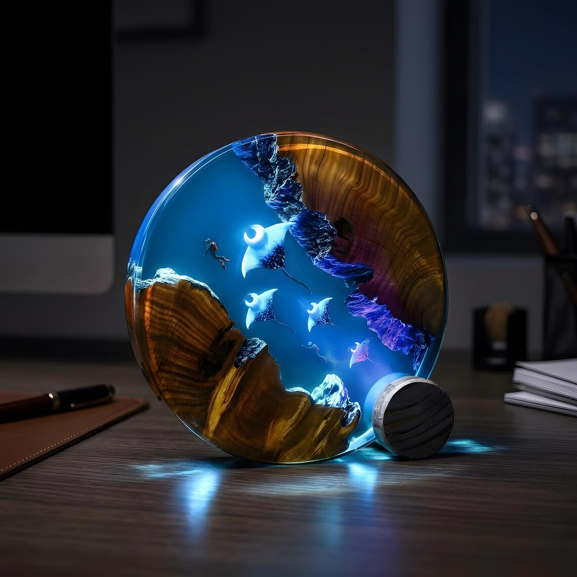Resin Ocean Lamp — Manta Rays & Scuba Diver in a Round Disc with Natural Wood Edges - view 2