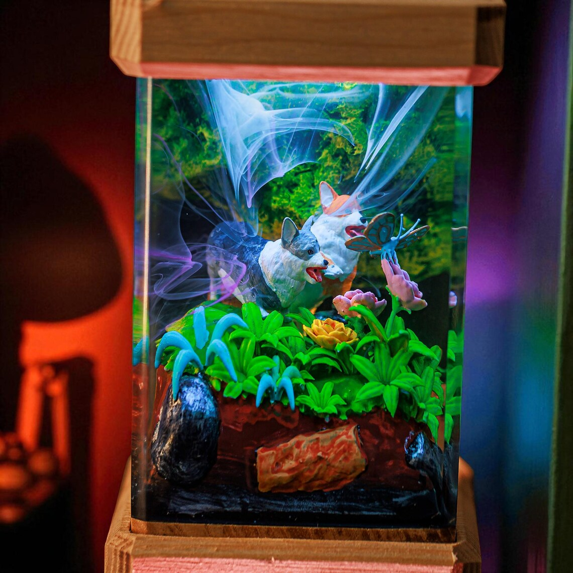 Epoxy Resin Lamp — Two Corgis and a Butterfly in a Bright Green Garden, Wood Top and Base - view 1