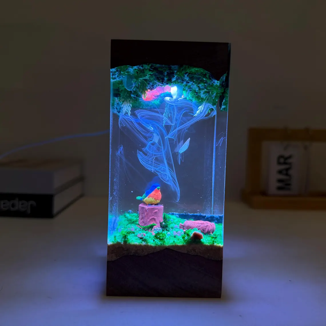 Resin Lamp — Little Songbird on a Mossy Stump Forest Scene, Resin Art Lamp with Wood Top and Base - view 2