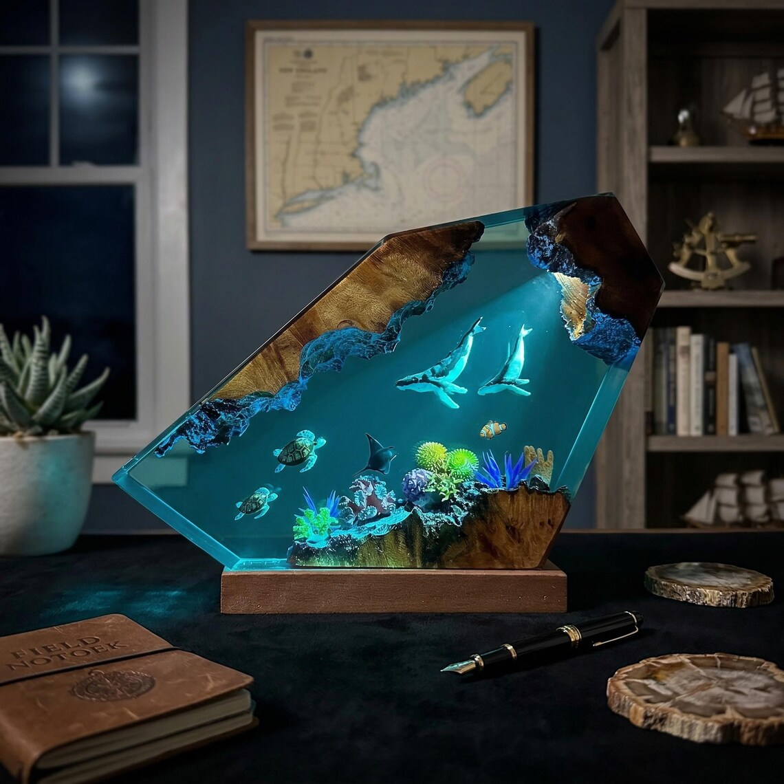 Ocean Lamp — Two Whales, Sea Turtles & Coral Reef in Epoxy Resin with Wood Edges and Base - view 1