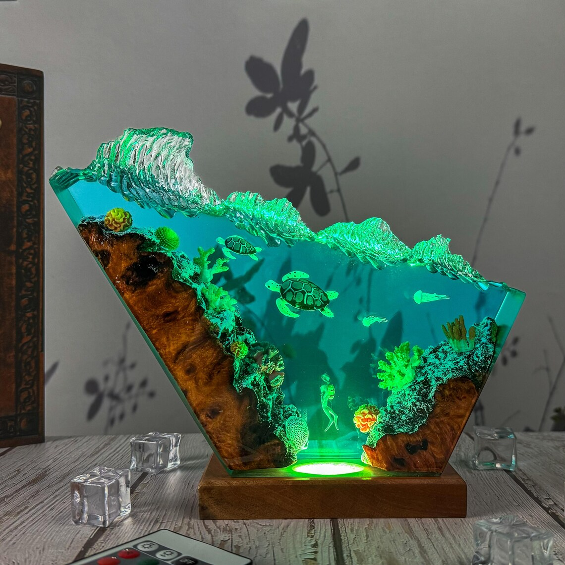 Epoxy Lamp — Sea Turtles, Jellyfish & Diver under a Breaking Wave Crest with Natural Wood - view 2