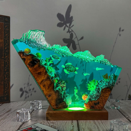 Epoxy Lamp — Sea Turtles, Jellyfish & Diver under a Breaking Wave Crest with Natural Wood - view 2