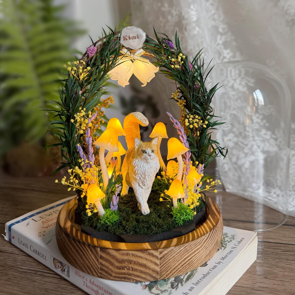 Resin Lamp — Cat in a Glowing Mushroom Garden Arch under a Clear Dome, Resin Art Lamp on Wood Base - view 2