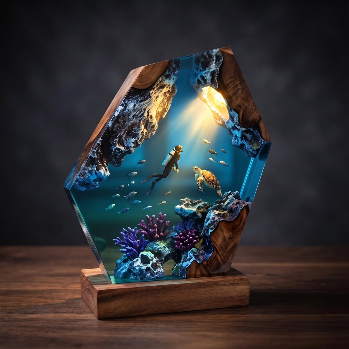 Resin Diving Lamp — Scuba Diver, Sea Turtle & Purple Coral Reef in Faceted Resin with Wood Base - view 2