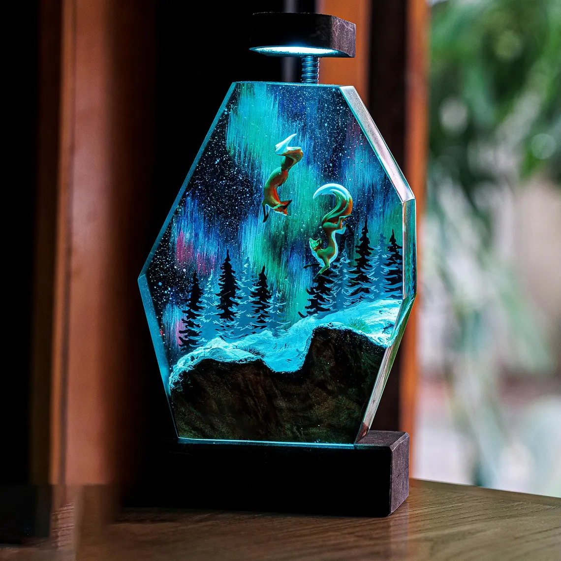 Resin Lamp — Two Red Foxes Leaping under the Aurora over Snowy Pines, Burl Wood Resin Art Lamp - view 2