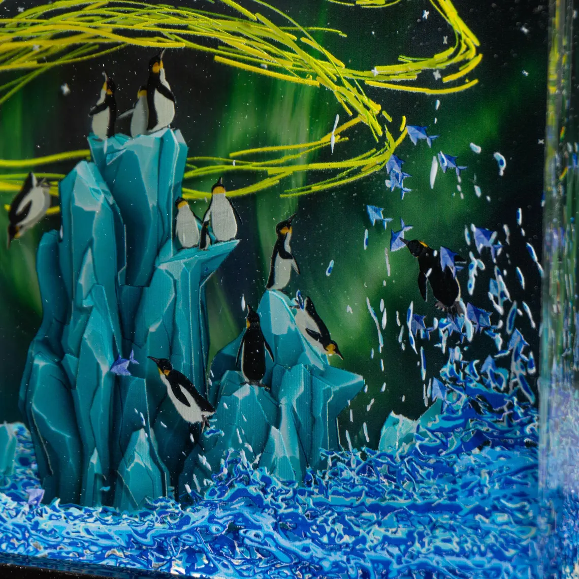 Epoxy Lamp — Penguin Colony on Blue Ice Peaks under a Green Aurora, Epoxy Resin Art Lamp - view 2