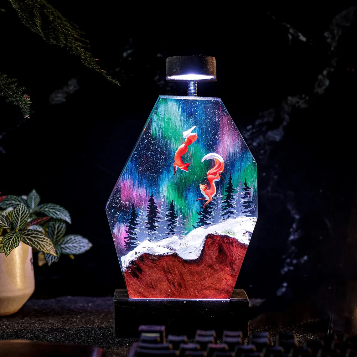 Resin Lamp — Two Red Foxes Leaping under the Aurora over Snowy Pines, Burl Wood Resin Art Lamp - view 5