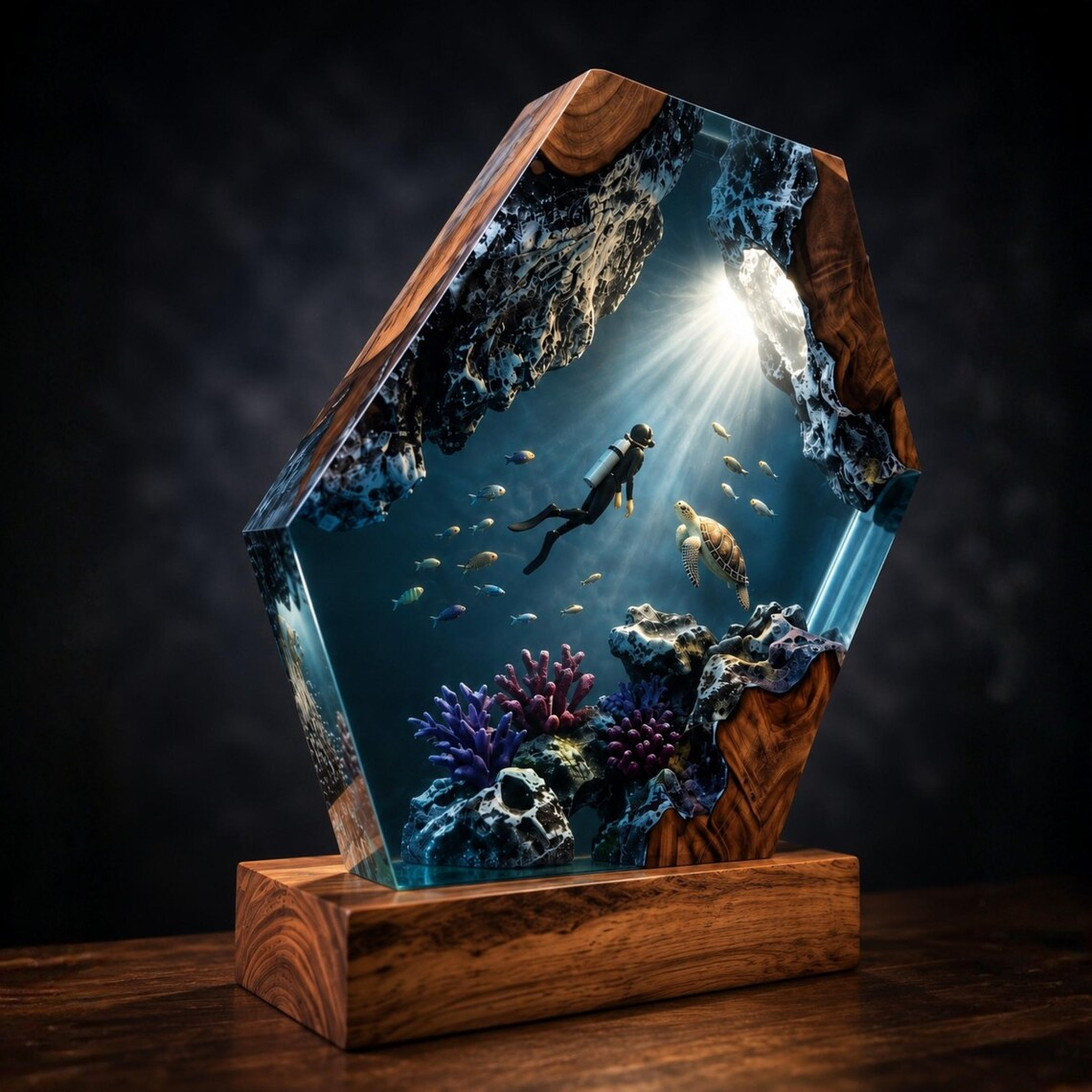 Resin Diving Lamp — Scuba Diver, Sea Turtle & Purple Coral Reef in Faceted Resin with Wood Base - view 1