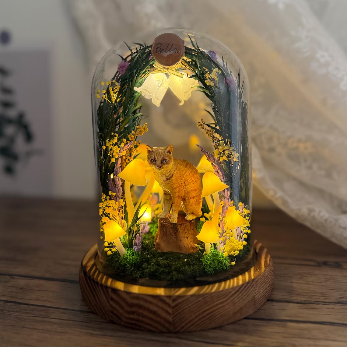 Resin Lamp — Cat in a Glowing Mushroom Garden Arch under a Clear Dome, Resin Art Lamp on Wood Base - view 1