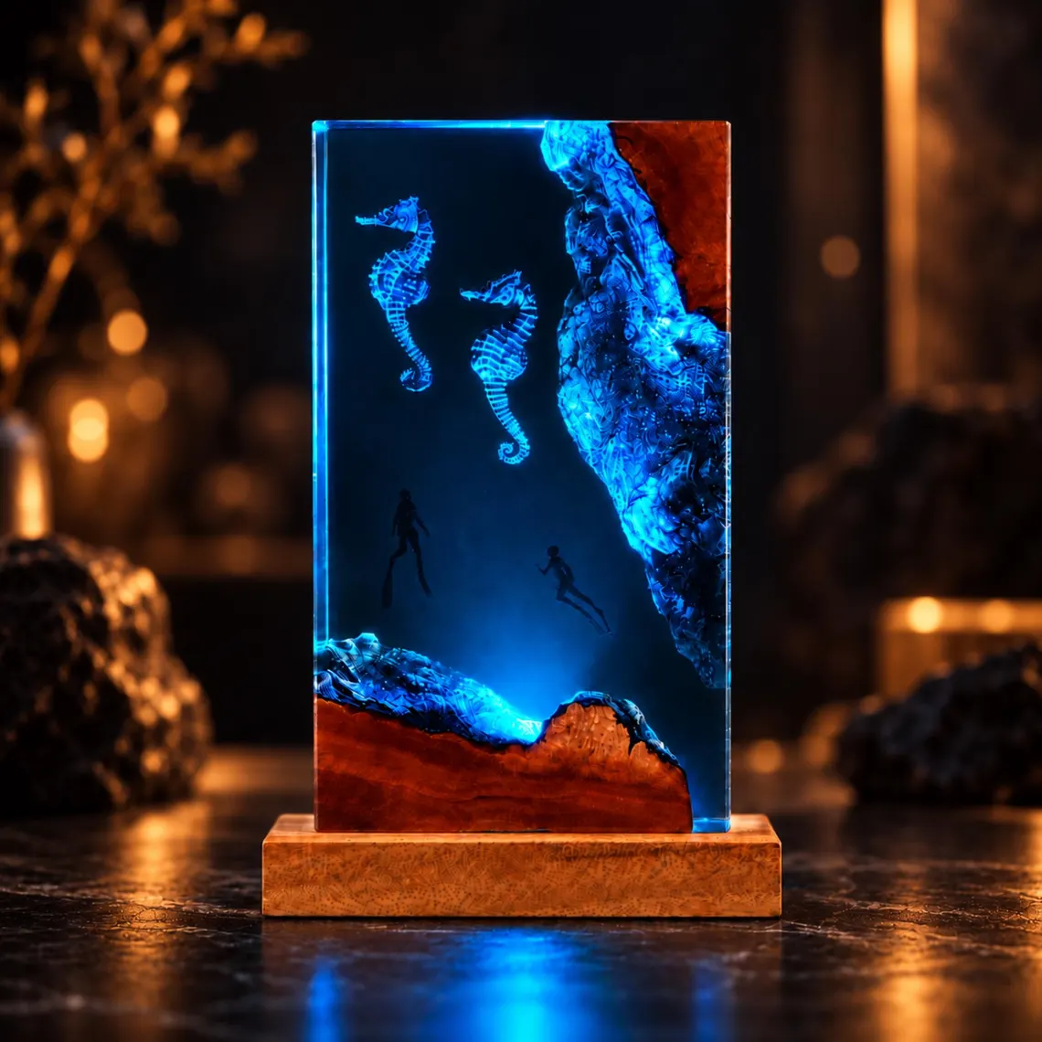 Epoxy Resin Lamp — Two Seahorses & Two Divers by a Blue Reef Wall with Red Wood and Wood Base - view 5