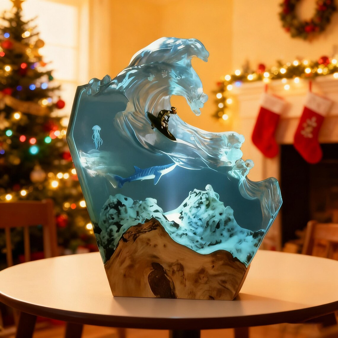Resin Ocean Lamp — Surfer Riding a Giant Wave with Whale Shark & Jellyfish on Natural Wood - view 1