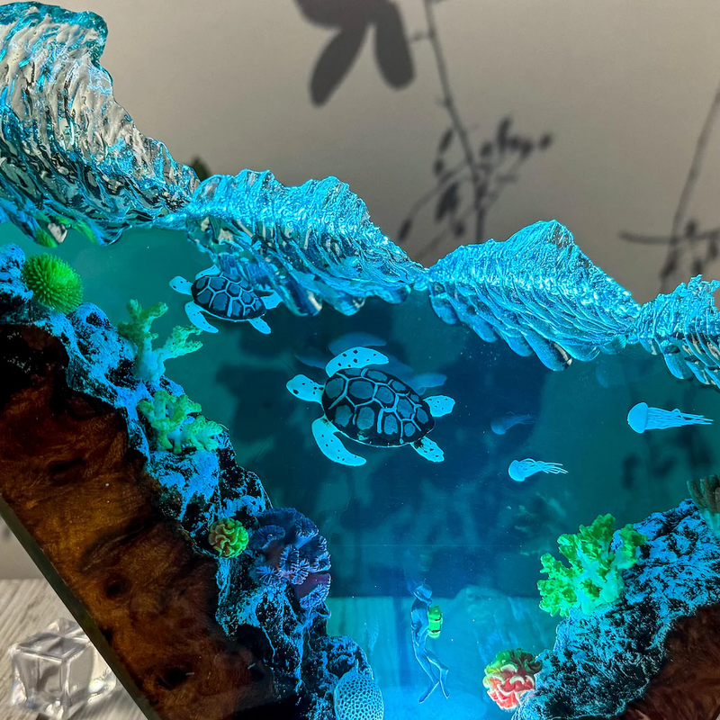 Epoxy Lamp — Sea Turtles, Jellyfish & Diver under a Breaking Wave Crest with Natural Wood - view 1