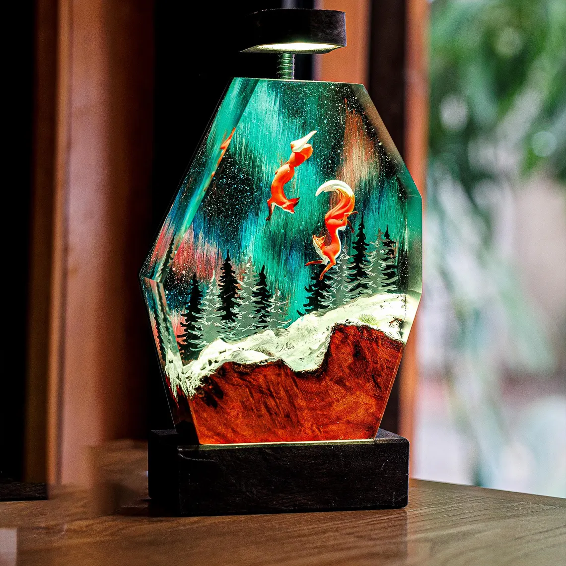Resin Lamp — Two Red Foxes Leaping under the Aurora over Snowy Pines, Burl Wood Resin Art Lamp - view 1
