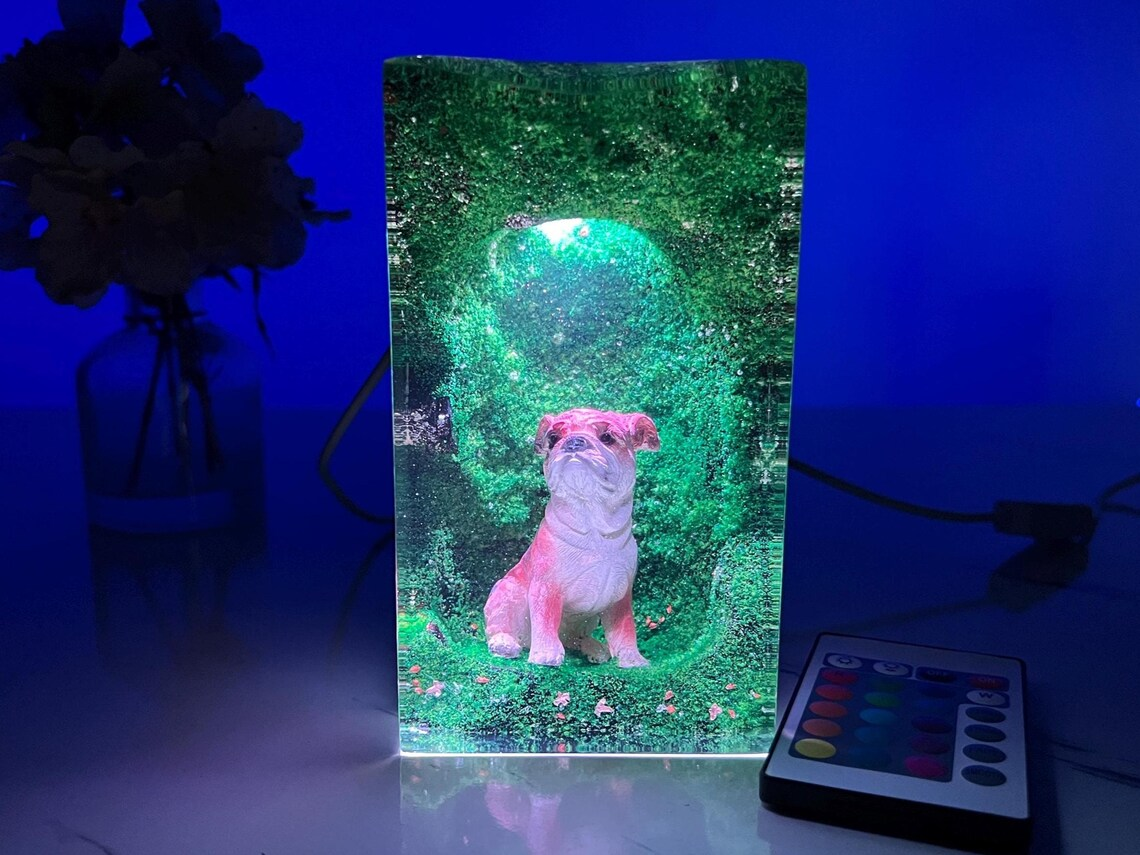 Epoxy Resin Lamp — Pug in a Glowing Green Moss Arch, Color-Changing Resin Art Lamp - view 5