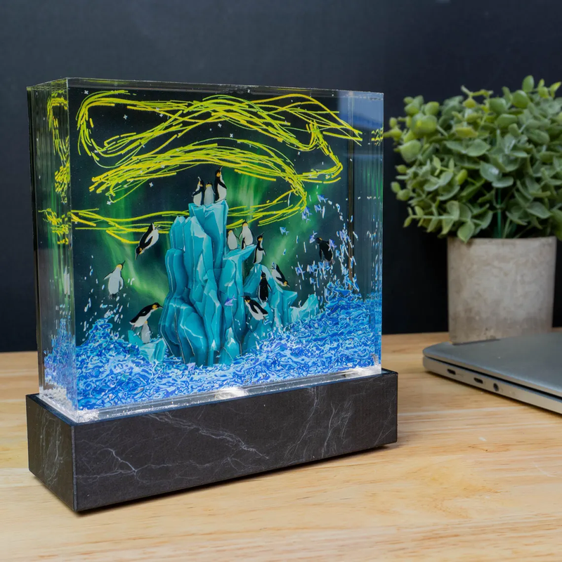 Epoxy Lamp — Penguin Colony on Blue Ice Peaks under a Green Aurora, Epoxy Resin Art Lamp - view 1