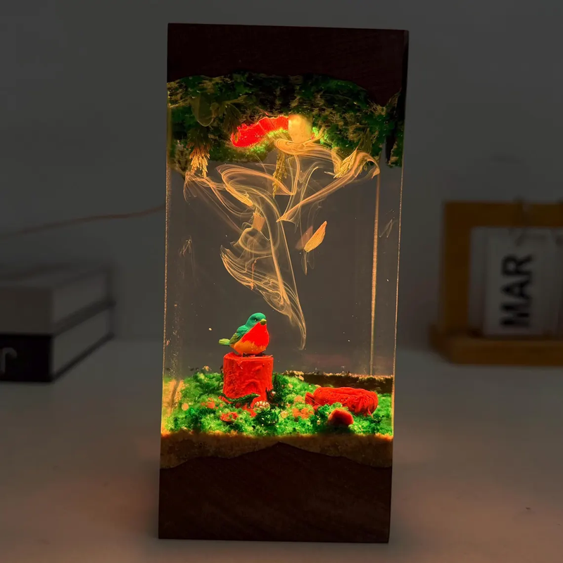 Resin Lamp — Little Songbird on a Mossy Stump Forest Scene, Resin Art Lamp with Wood Top and Base - view 1