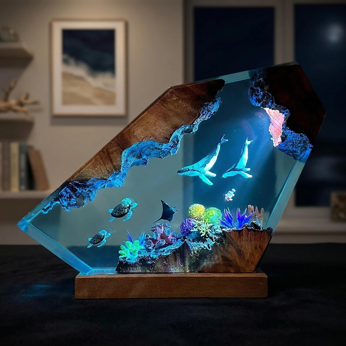 Ocean Lamp — Two Whales, Sea Turtles & Coral Reef in Epoxy Resin with Wood Edges and Base - view 5
