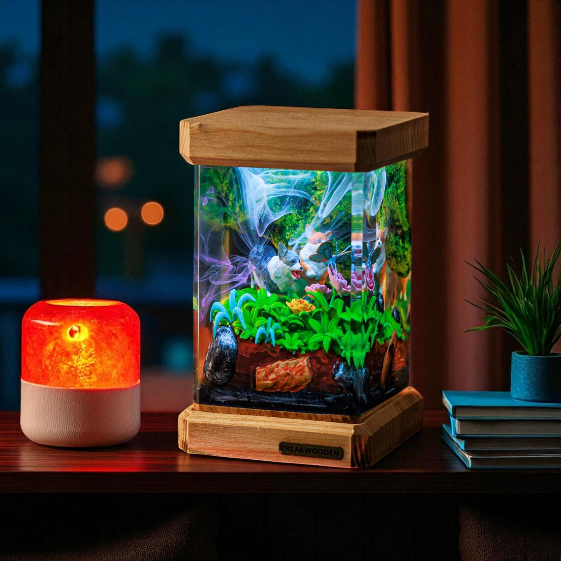 Epoxy Resin Lamp — Two Corgis and a Butterfly in a Bright Green Garden, Wood Top and Base - view 5