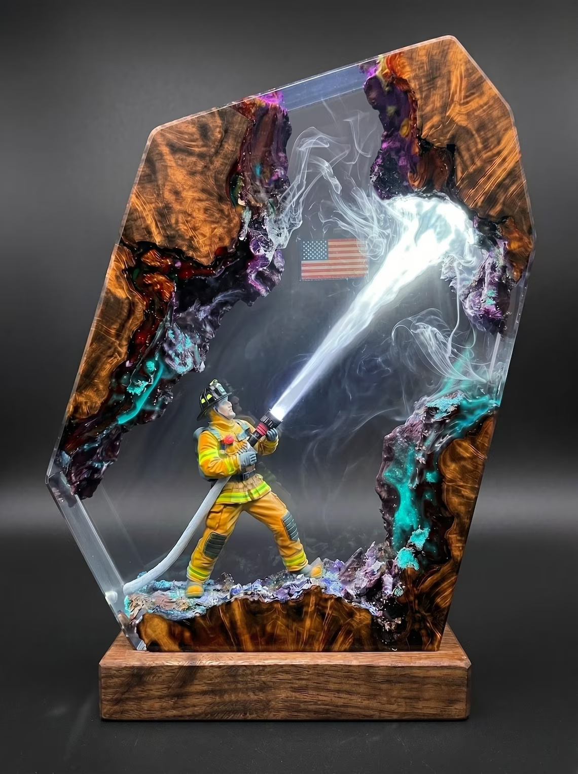 Resin Lamp — Firefighter with Hose, Hydrant and Flames, Epoxy Resin Art Lamp with Wood Base - view 5
