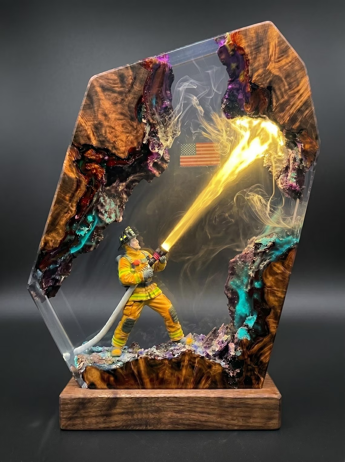 Resin Lamp — Firefighter with Hose, Hydrant and Flames, Epoxy Resin Art Lamp with Wood Base - view 4
