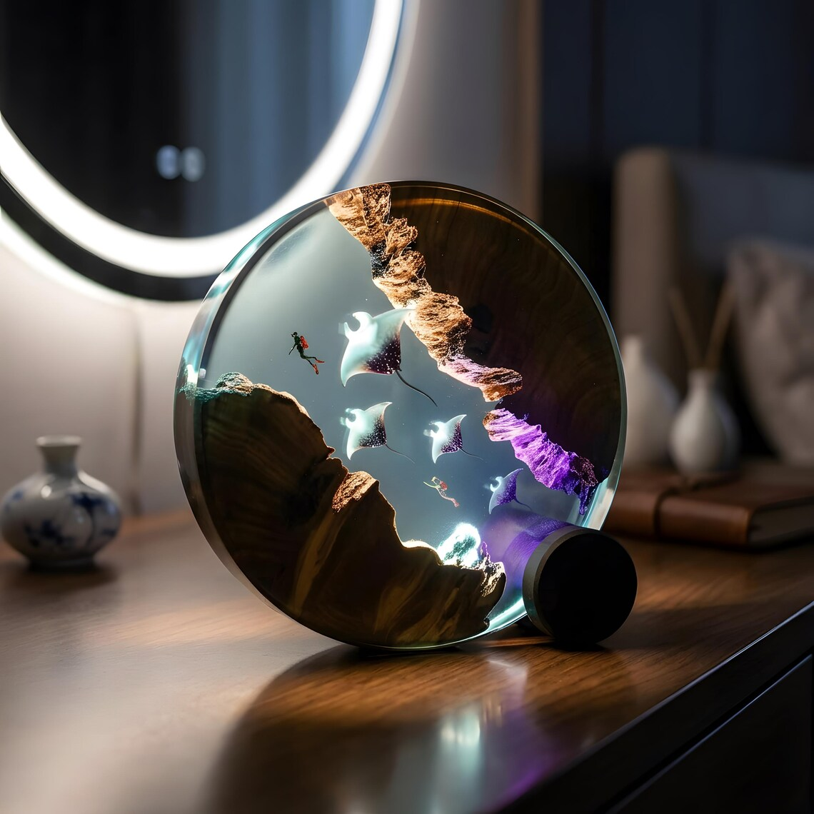 Resin Ocean Lamp — Manta Rays & Scuba Diver in a Round Disc with Natural Wood Edges - view 5
