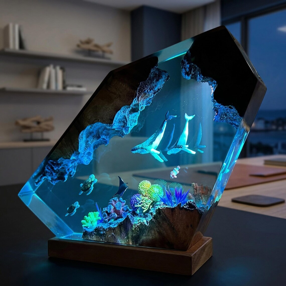 Ocean Lamp — Two Whales, Sea Turtles & Coral Reef in Epoxy Resin with Wood Edges and Base - view 4