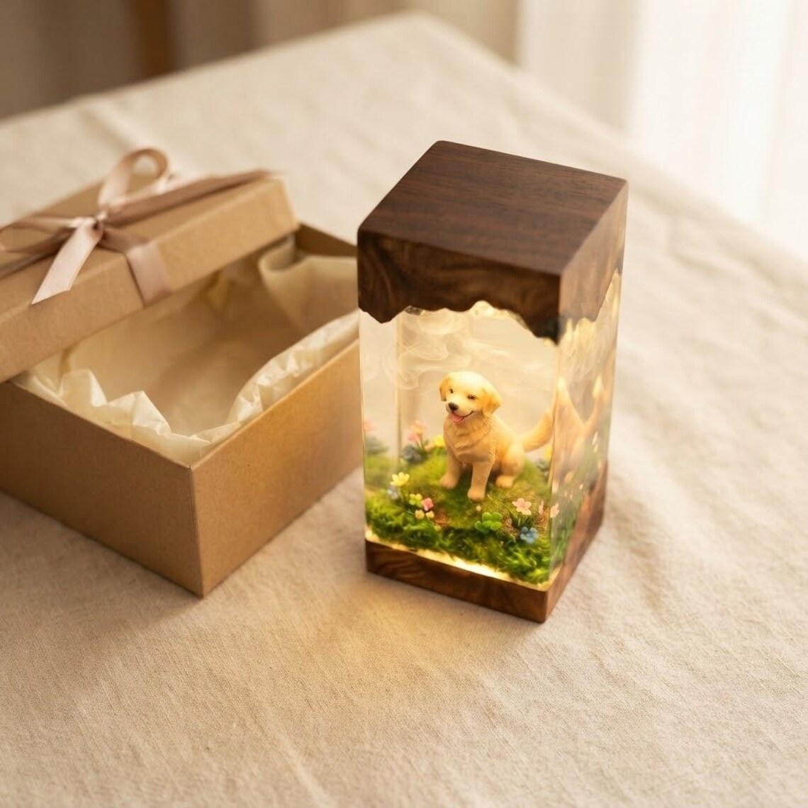 Resin Lamp — Golden Puppy in a Flower Meadow with Smoke Swirls, Resin Art Lamp with Wood Base - view 4