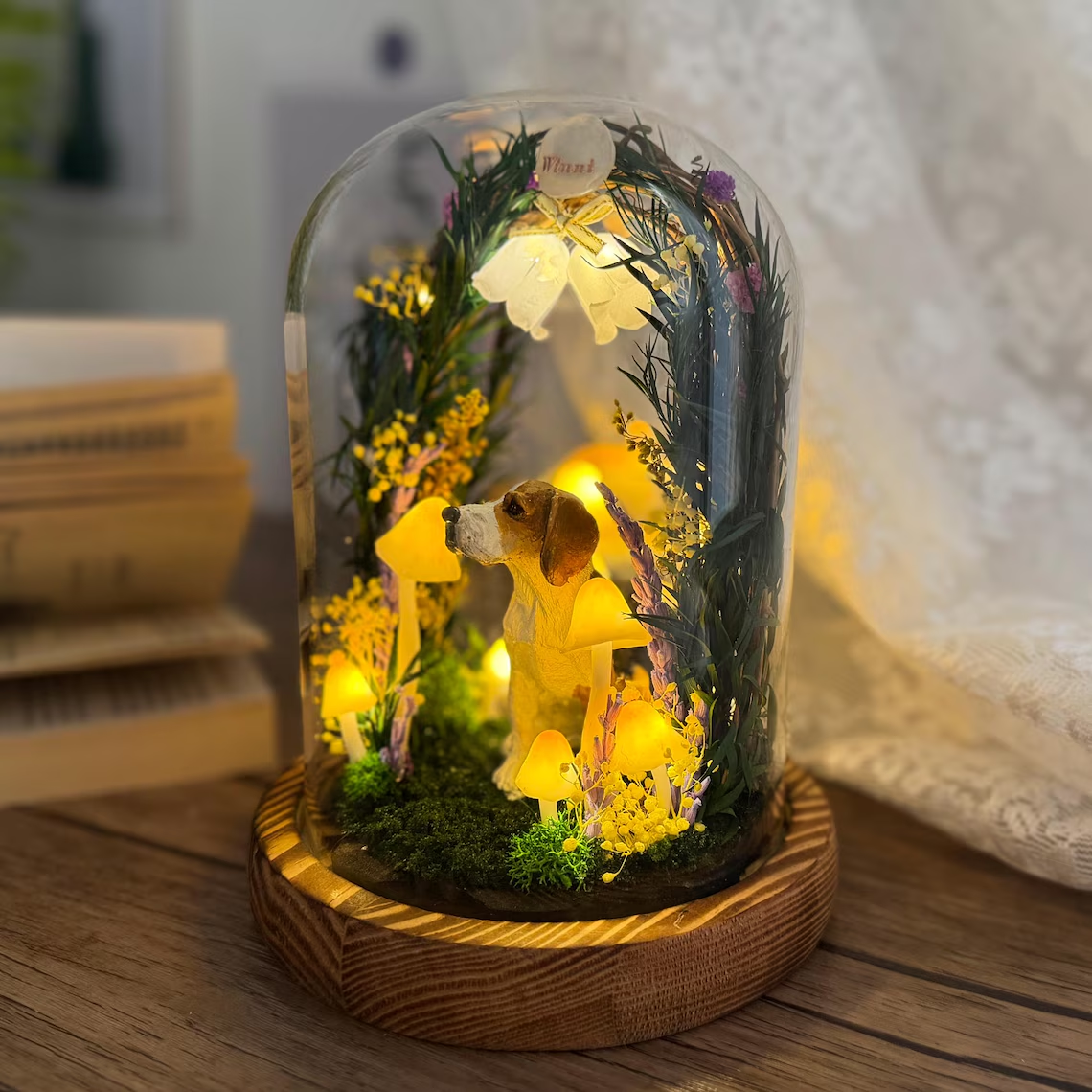 Resin Lamp — Cat in a Glowing Mushroom Garden Arch under a Clear Dome, Resin Art Lamp on Wood Base - view 5