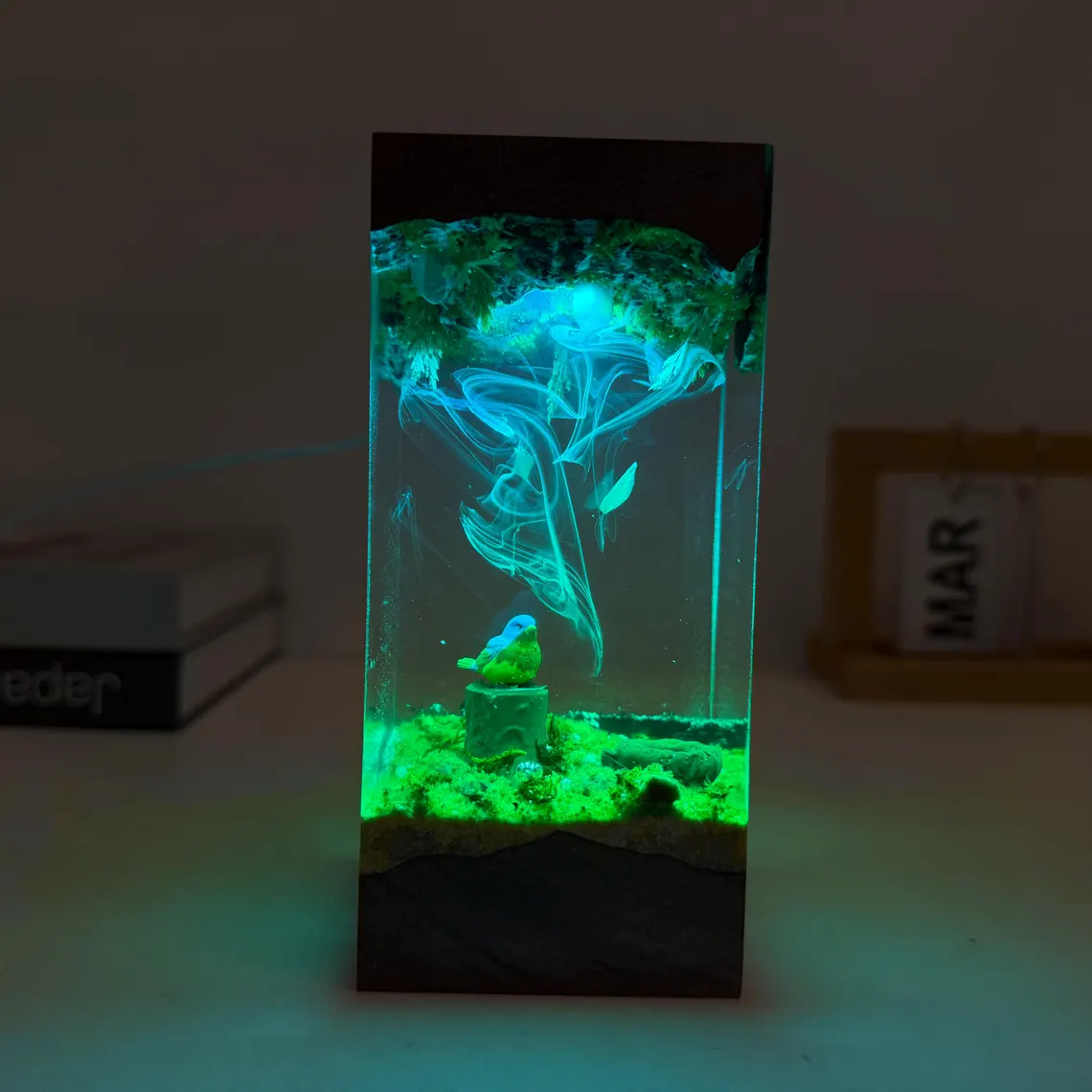 Resin Lamp — Little Songbird on a Mossy Stump Forest Scene, Resin Art Lamp with Wood Top and Base - view 5