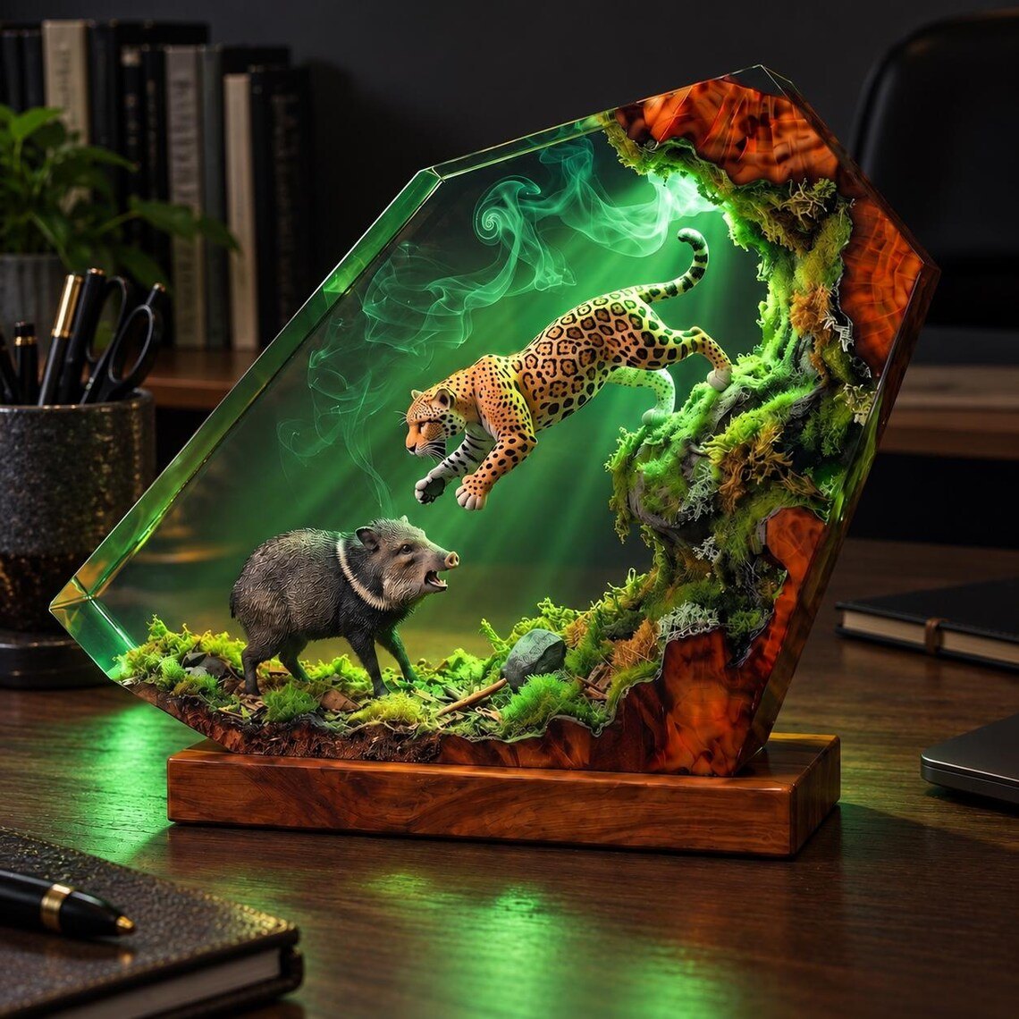 Jaguar resin lamp glowing green on a desk with a peccary on a mossy ledge