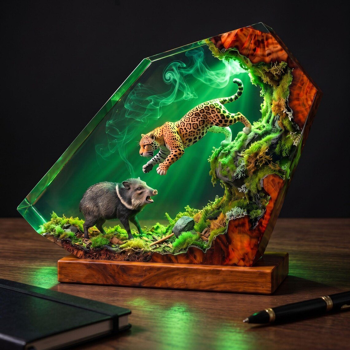 Leaping jaguar and peccary resin night light lit in green