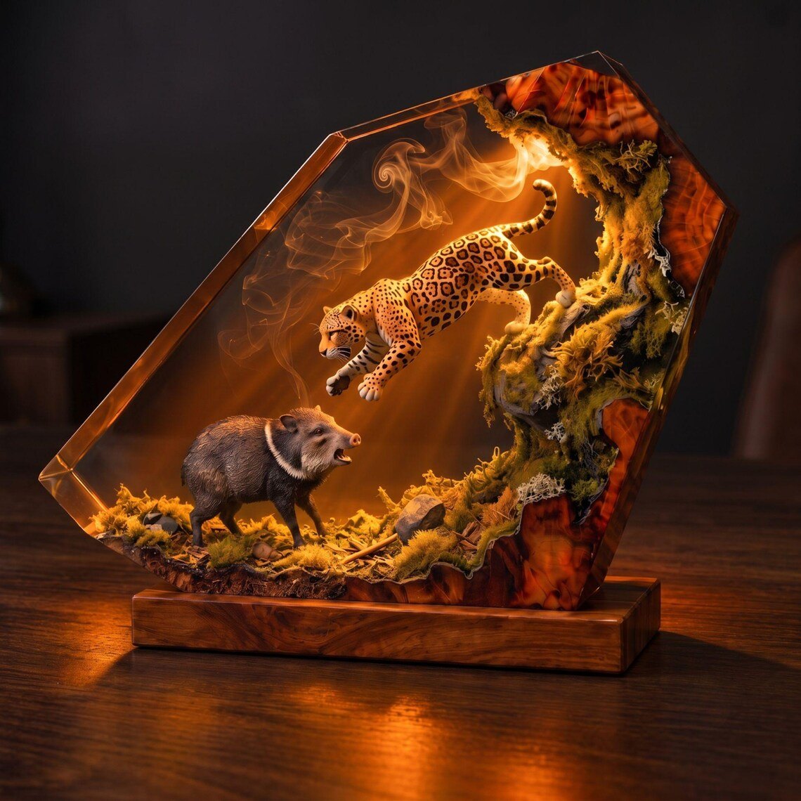 Jaguar and peccary epoxy lamp glowing warm amber