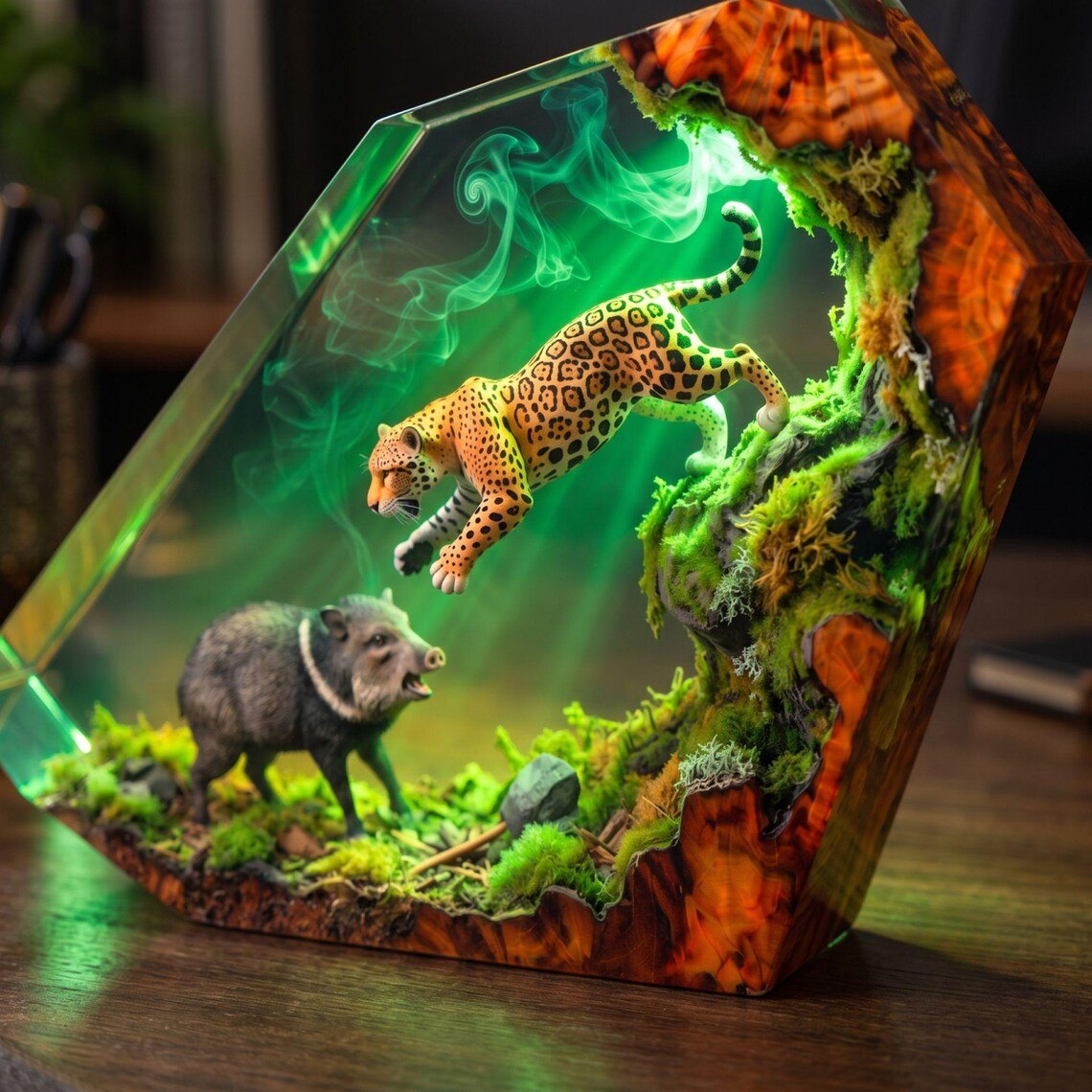 Close view of the leaping jaguar, moss and burl wood edge