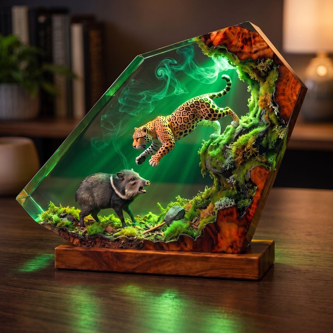 Jaguar jungle resin lamp glowing green beside a bookshelf