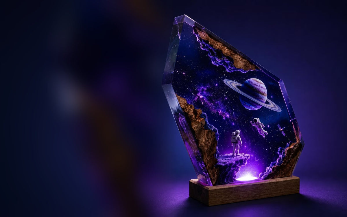 Galaxy resin lamp with Saturn and astronauts glowing purple