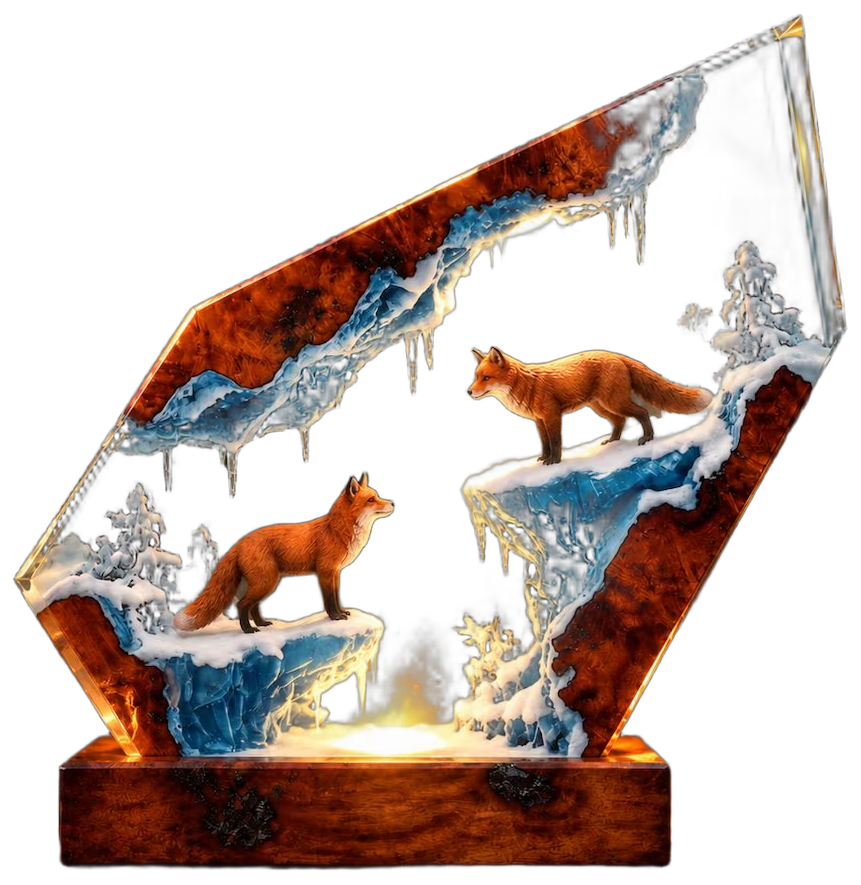 Two foxes on icy ledges inside a glowing resin lamp