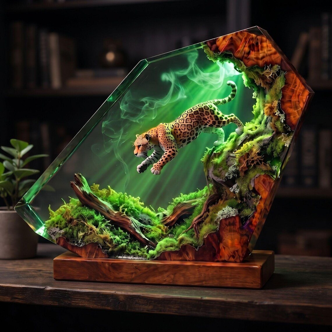 Jaguar mossy forest epoxy night light on a shelf