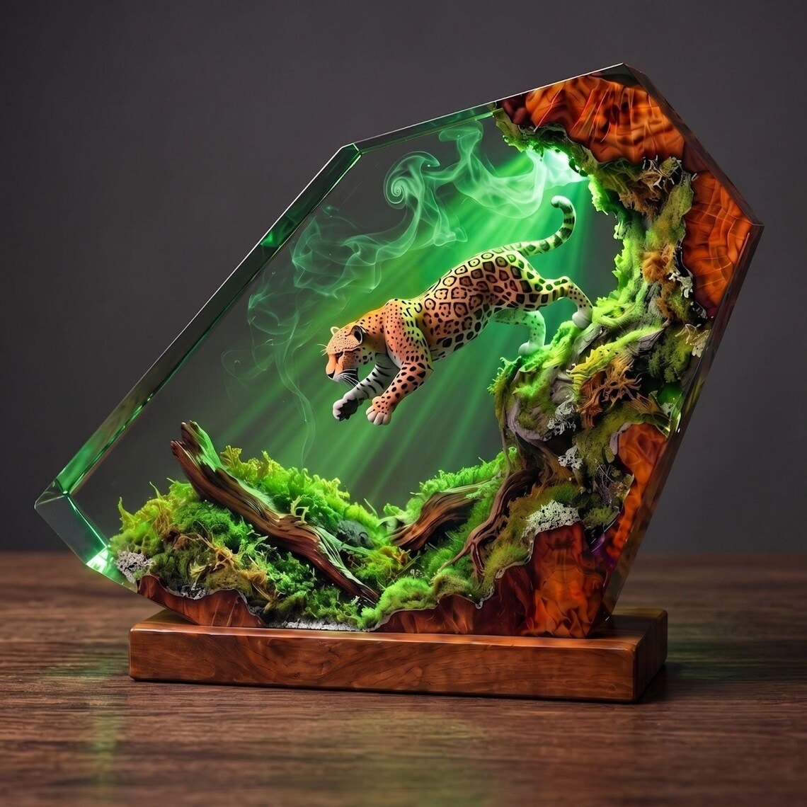 Leaping jaguar resin lamp on a dark wood table