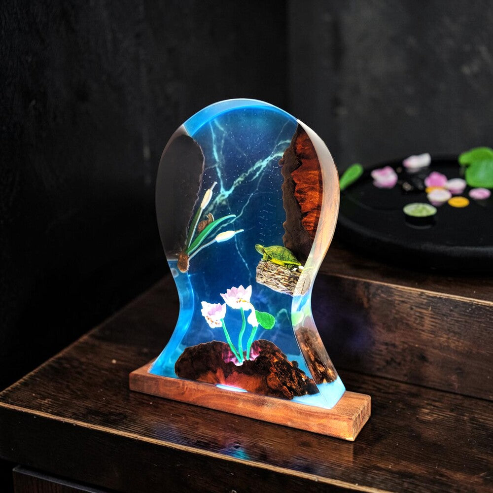 Resin Lamp — White Lotus Pond with Turtle, Snail and Cattails in Blue Epoxy, Wood Base - view 4