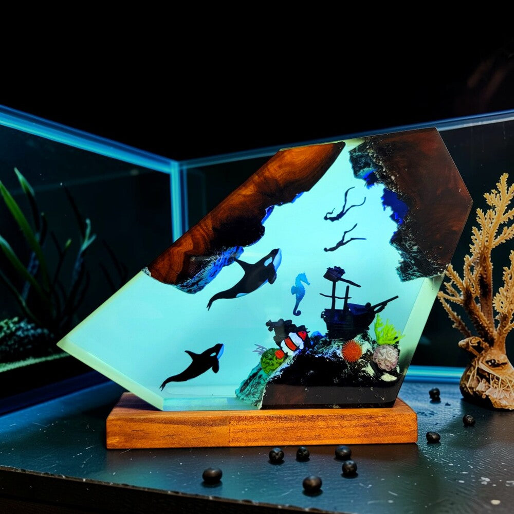 Ocean Lamp — Orca Whales, Shipwreck & Scuba Divers with Seahorse and Clownfish, Wood Base - view 6