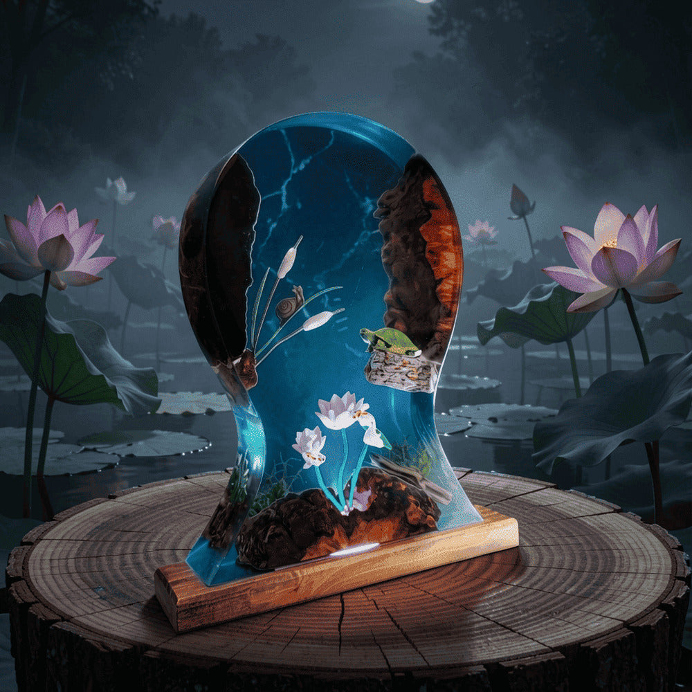 Resin Lamp — White Lotus Pond with Turtle, Snail and Cattails in Blue Epoxy, Wood Base - view 3