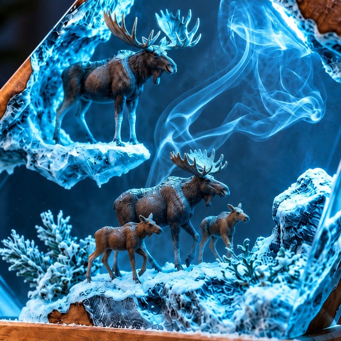Close view of the moose and two calves in frosted snow
