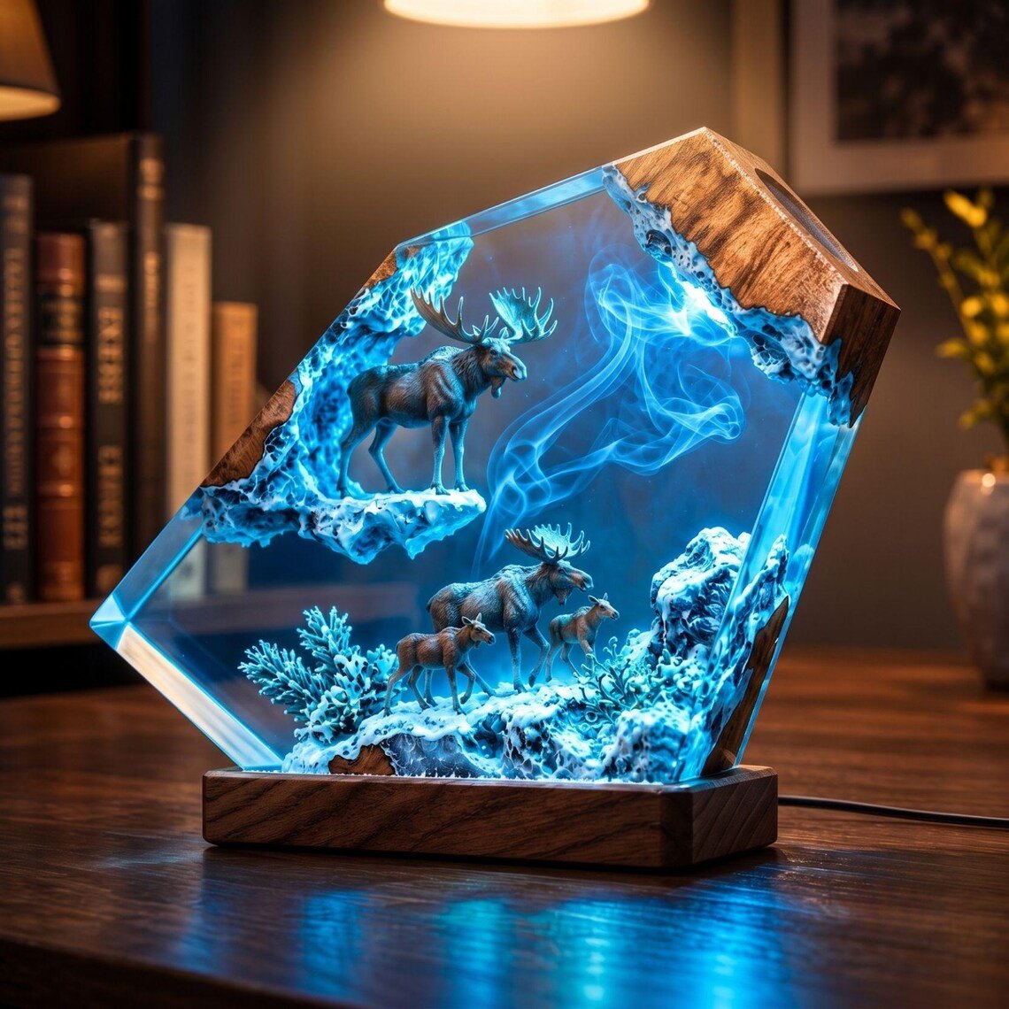 Moose resin lamp with wood frame beside a bookshelf