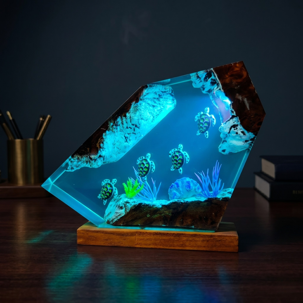 Resin Ocean Lamp — Sea Turtles Gliding over Coral in Faceted Resin with Burl Wood Edges - view 2