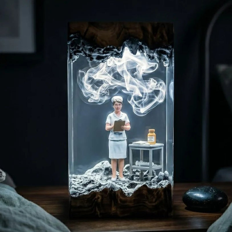 Nurse resin lamp with nurse figure and medicine table, white glow on nightstand