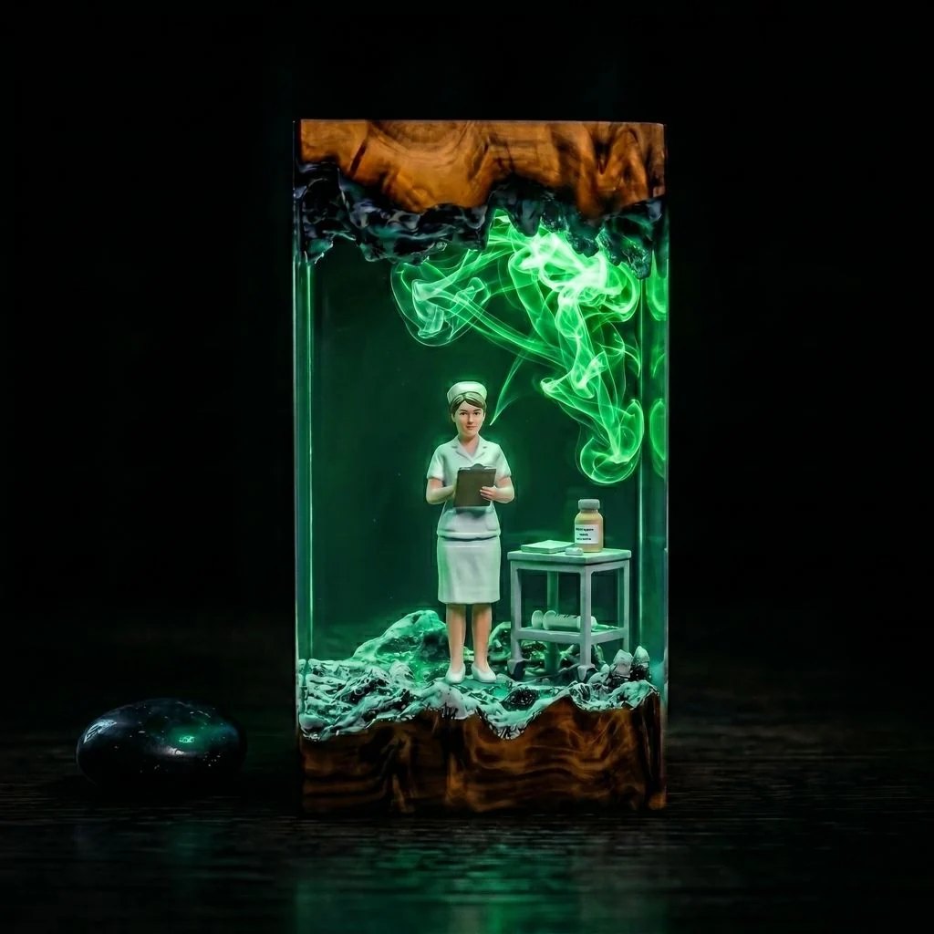 Nurse resin lamp glowing green in the dark