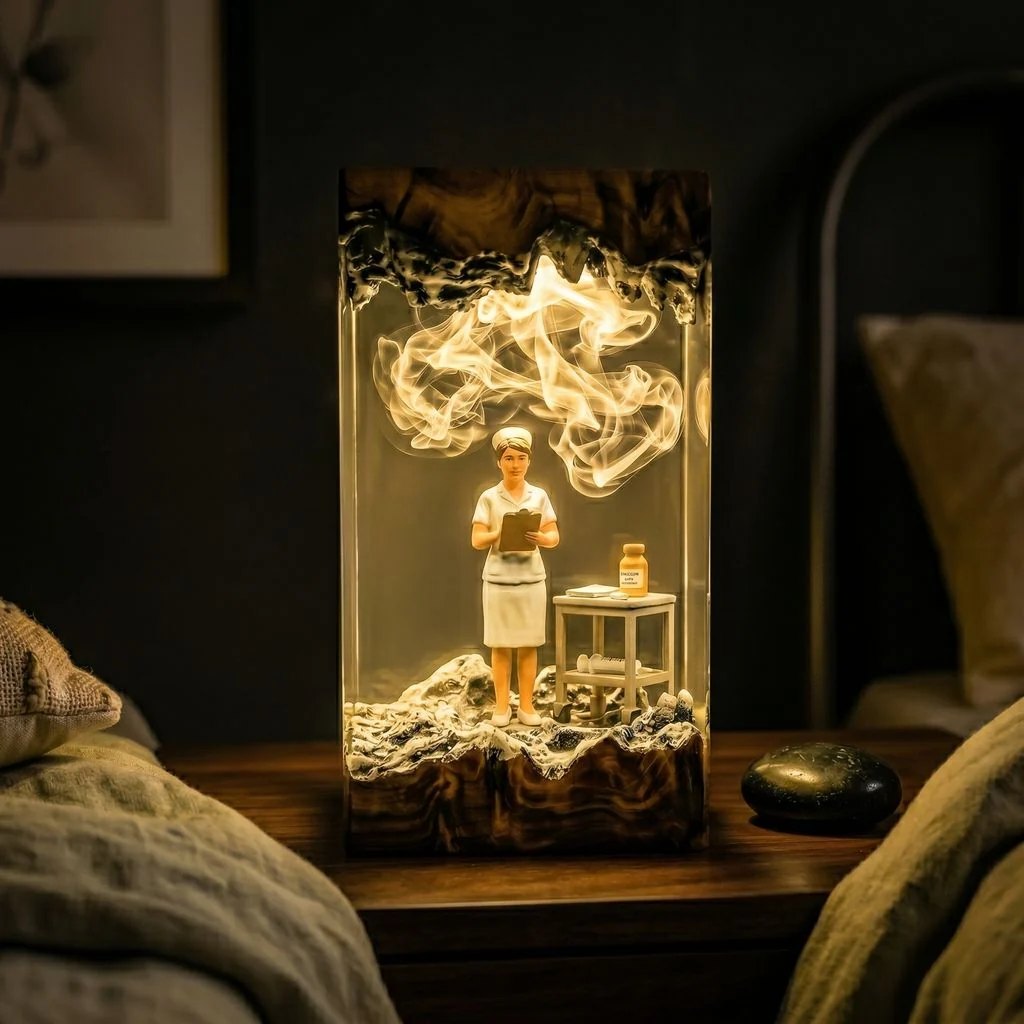 Nurse resin lamp with soft warm light beside a bed